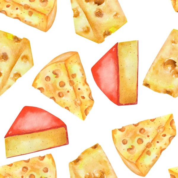 A seamless watercolor pattern with the hard Dutch cheeses and green olives. Painted on a white background. — ストック写真