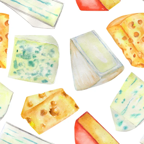 A seamless watercolor pattern with the hard Dutch cheeses and blue cheeses. Painted on a white background. — Stock fotografie