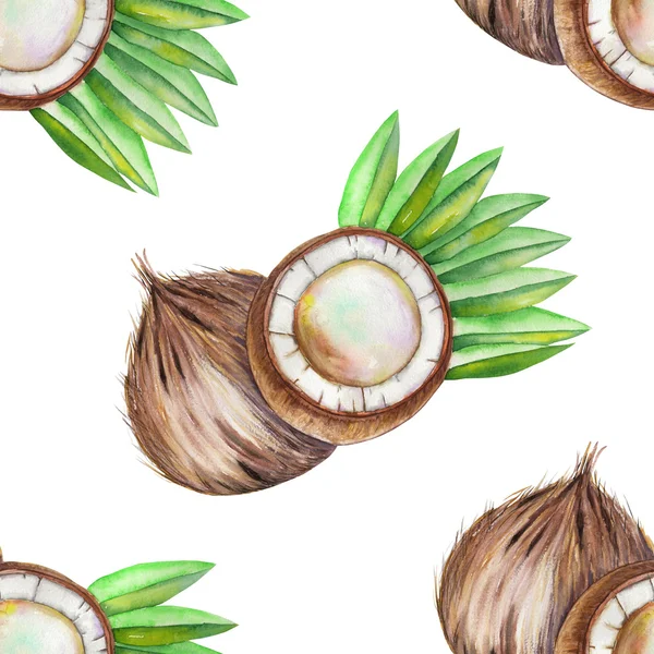 A seamless pattern with the watercolor coconut. Painted hand-drawn in a watercolor on a white background. — 스톡 사진