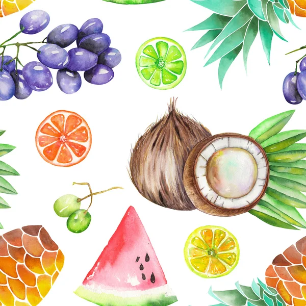 Ein nahtloses Muster mit den Aquarellfrüchten: Trauben, Ananas, Kokosnuss, Zitrone, Limette, Zitrusfrüchte und andere — Stockfoto