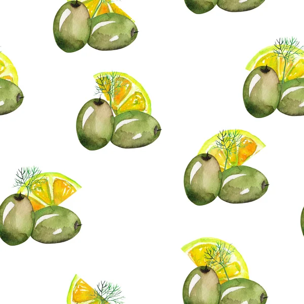 Ein nahtloses Muster mit dem Aquarell grüne Oliven und Zitronen — Stockfoto