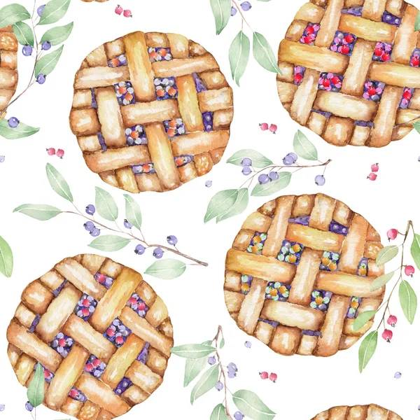 Un patrón dulce sin costuras con el pastel de bayas acuarela y ramas de arándano. Pintado a mano sobre fondo blanco — Foto de Stock