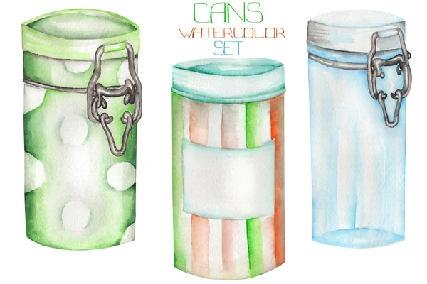 Uma ilustração com as latas e frascos de vidro. Pintado à mão desenhado em uma aquarela . — Fotografia de Stock