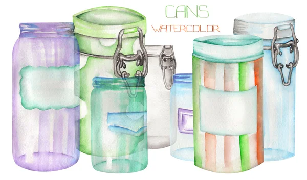 Una ilustración con las latas y frascos de vidrio. Pintado a mano en acuarela . —  Fotos de Stock