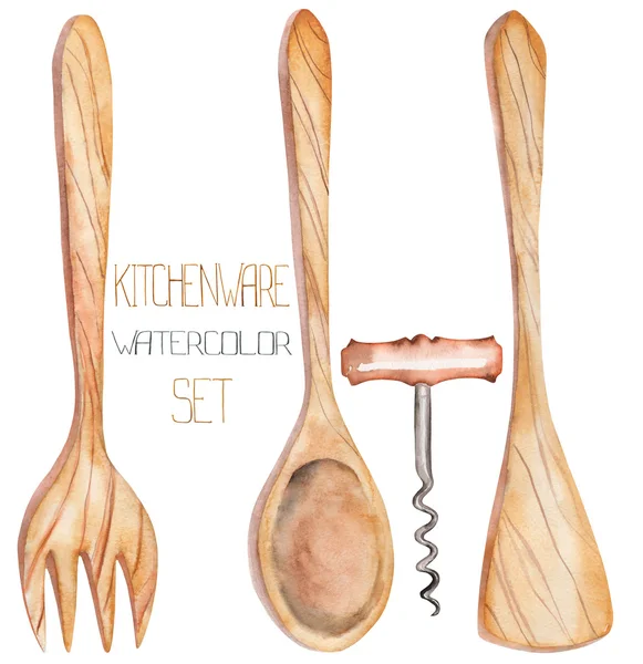 Ilustrace s akvarel dřevěné nádobí: lopatka, lžíce, vidličkou a vývrtkou — Stock fotografie