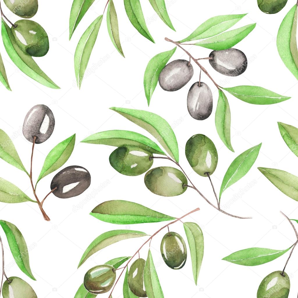 A seamless pattern with the watercolor branches of green and black olives on a white background