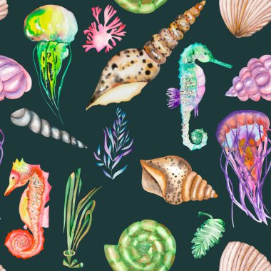 Suluboya denizatı, denizanası, kabukları ve deniz yosunu (yosun ile seamless modeli)