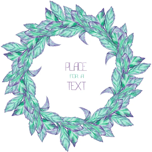 A wreath (circle frame) with the watercolor blue and violet leaves (basil) on a white background — Stock Photo, Image