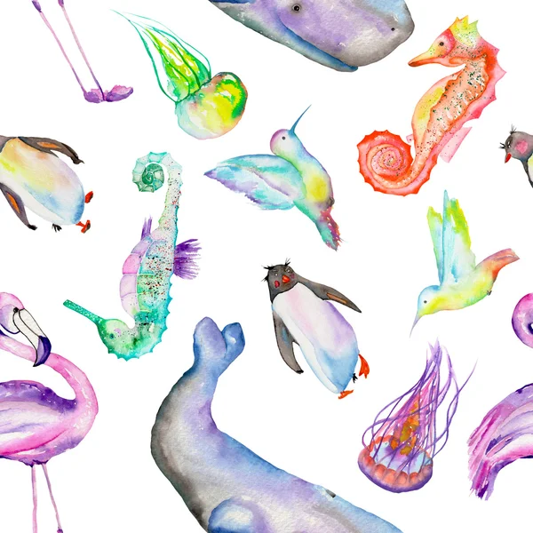 Un patrón con la acuarela de diferentes animales: colibríes, ballenas, caballitos de mar, pingüinos, flamenco y medusas — Foto de Stock