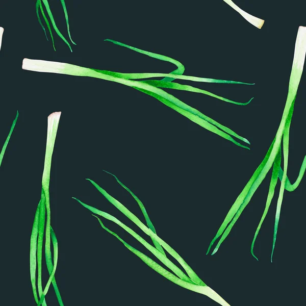 Um padrão sem costura com a cebola verde aquarela em um fundo escuro — Fotografia de Stock