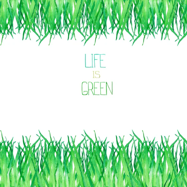 A seamless template of a postcard with the watercolor green grass on a white background — Stock Photo, Image