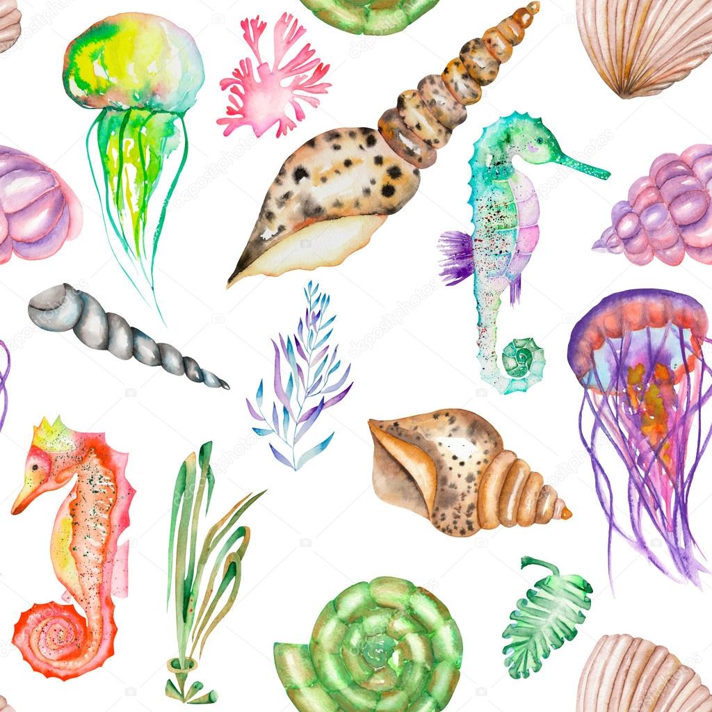 A pattern with the watercolor seahorses, jellyfish, shells and seaweed (algae)