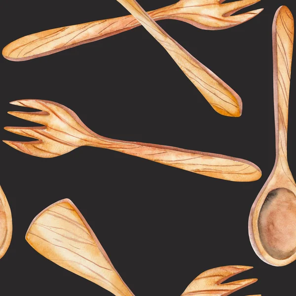 Um padrão sem costura com os utensílios de cozinha de madeira: escápula, colher, garfo. Pintado à mão desenhado em uma aquarela . — Fotografia de Stock