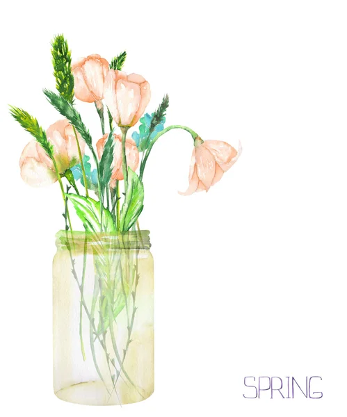 An image, illustration of a bouquet of the wildflowers (tender pink spring flowers and spikelets) in a glass jar — Stock Photo, Image