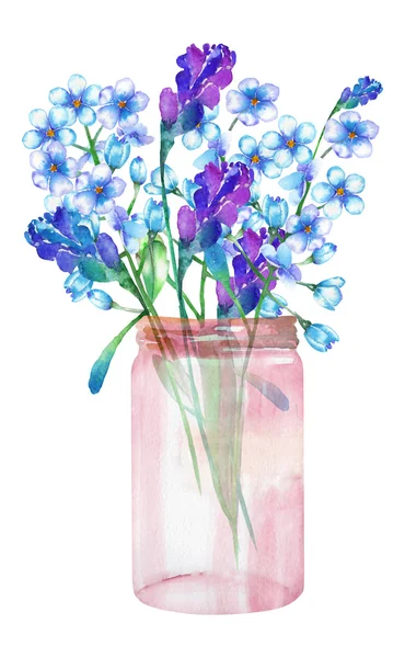 Un'immagine, illustrazione di un mazzo dei fiori selvatici (non dimenticarmi (Myosotis) e fiori di lavanda) in un vaso di vetro — Foto Stock