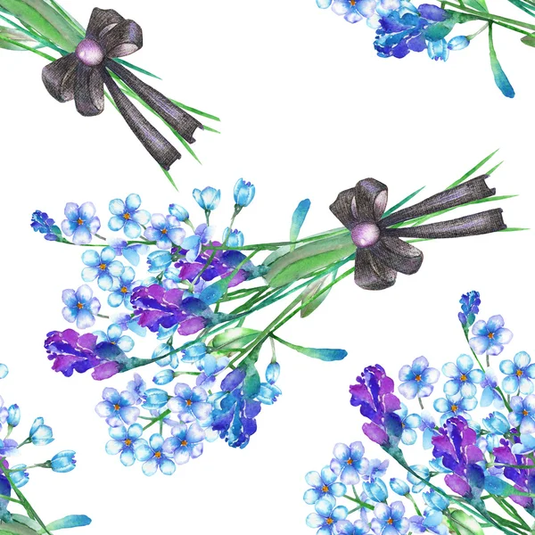 A seamless pattern with the bouquets of blue forget-me-not flowers (Myosotis) and lavender, decorated by bow, painted in a watercolor on a white background — Stock Photo, Image