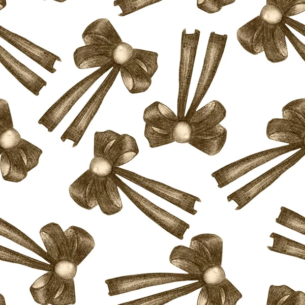 Bezproblemowy wzór z ciemnymi kokardkami ozdobionymi klejnotami, pomalowanymi kolorowymi ołówkami w kolorze Sepia na białym tle — Zdjęcie stockowe