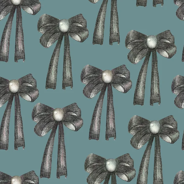 A seamless pattern with a dark bows decorated by jewel, painted in colored pencils on a dark blue background — Stock Photo, Image