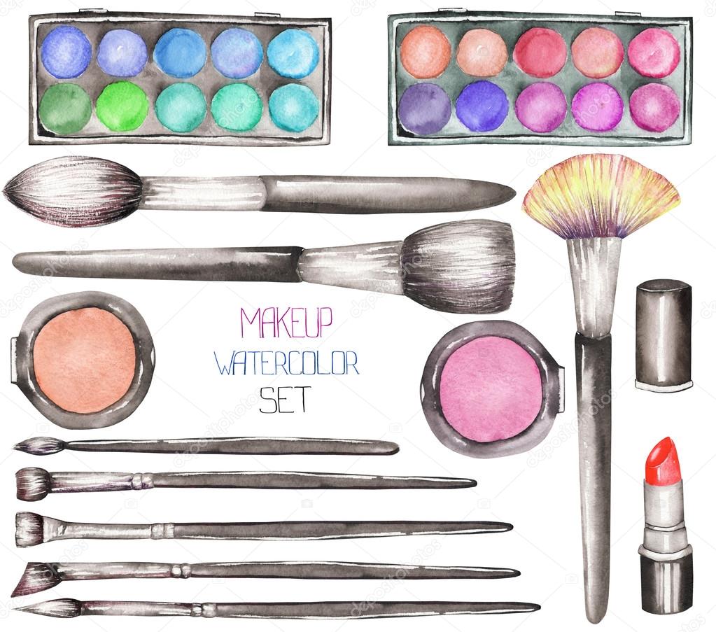 A set with the watercolor makeup tools:  blusher, eyeshadow, lipstick and makeup brushes