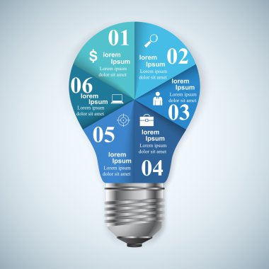 Bilgi tasarım şablonu ve pazarlama simgeleri. Ampul simgesi. Işık simgesi.