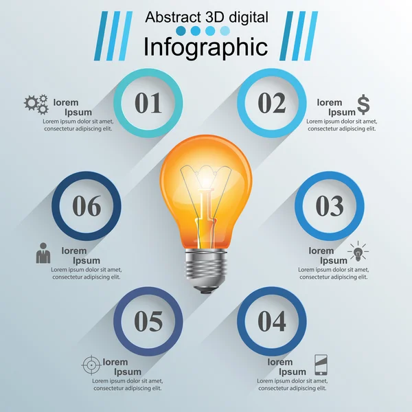 3D Dijital illüstrasyon Infographic soyut. Ampul simgesi. Işık simgesi.