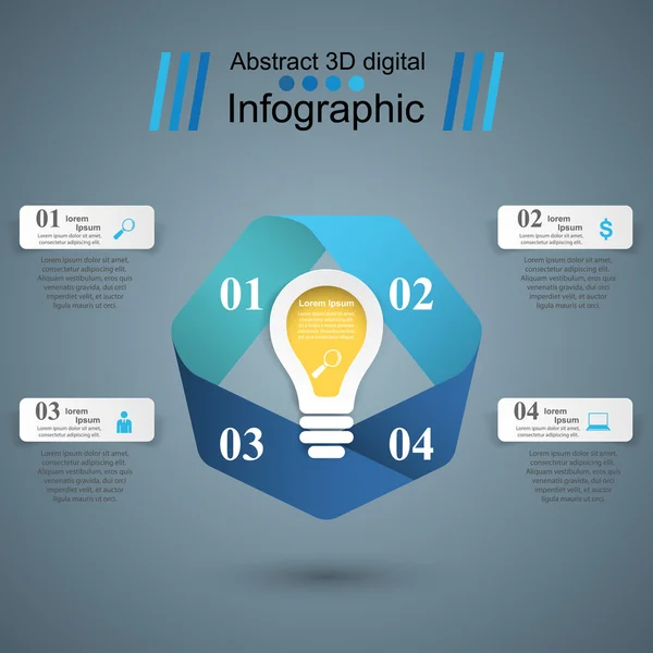 Abstrakte 3D digitale Illustration Infografik. Glühbirnen-Symbol. Lichtzeichen. — Stockvektor