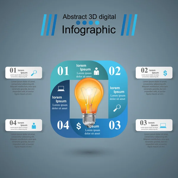 Abstrakte 3D digitale Illustration Infografik. Glühbirnen-Symbol. Lichtzeichen. — Stockvektor