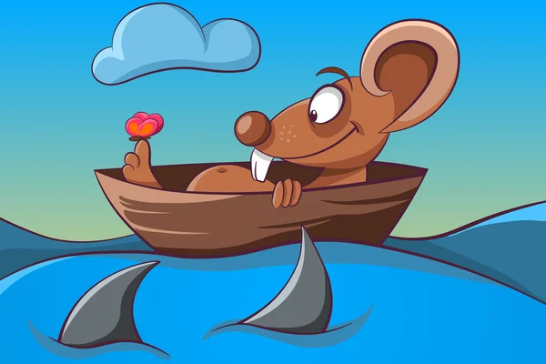 Ratón, mariposa, barco y mar ilustración . — Vector de stock