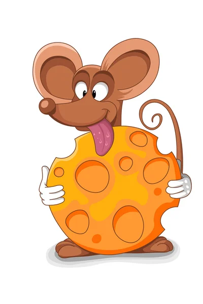 Desenho animado do mouse feliz - ilustração vetorial. Pedaço de queijo picado — Vetor de Stock