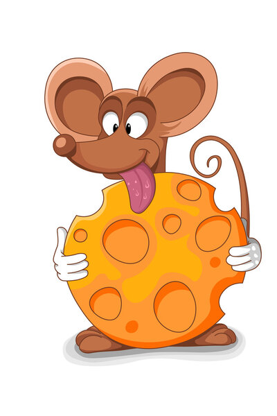 Happy mouse cartoon - vector illustration. Bitten piece of chees