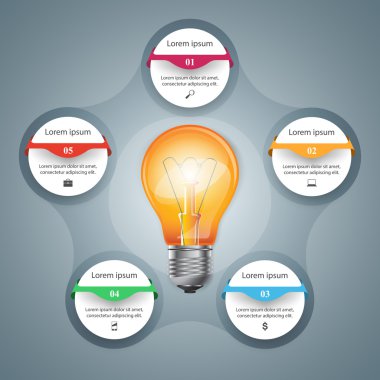 Infographic tasarım. Ampul, ışık simgesi.