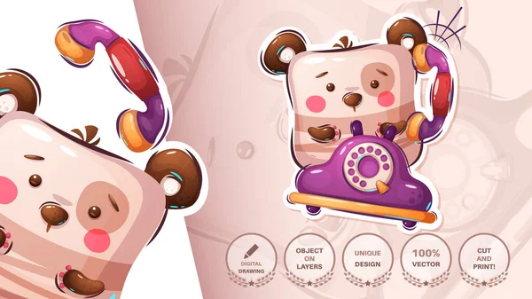 Teddy beer gesprekken op de oude telefoon - schattige sticker — Stockvector