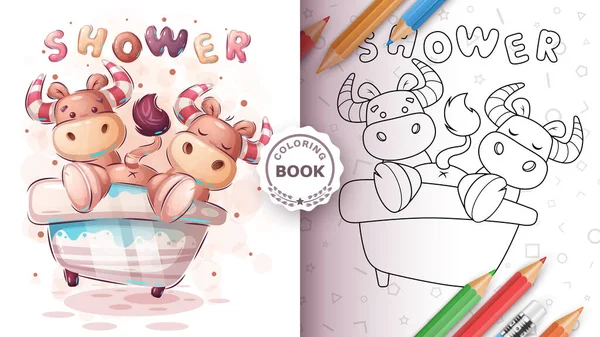Bonito boi, touro no banheiro - livro de colorir —  Vetores de Stock