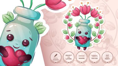 Çiçekli çocuksu çizgi film karakteri şişesi - şirin çıkartma