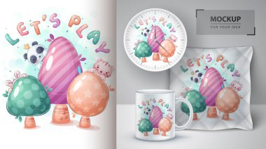 Panda, kedi, ağaç posterindeki tavşan ve pazarlama..