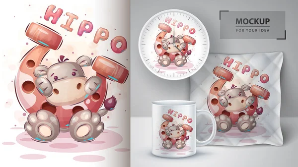 Hipopótamo con herradura - lindo personaje de dibujos animados animal. — Vector de stock