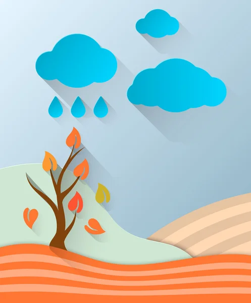 Vector illustration of orange landscape. Clouds illustration. Rain illustartion.