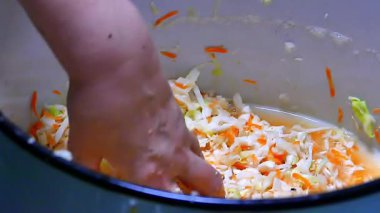 Kavanozda ezilmiş lahana ve havuç ve merdaneli mühür. Yakın plan. Lahana turşusu. Tuz