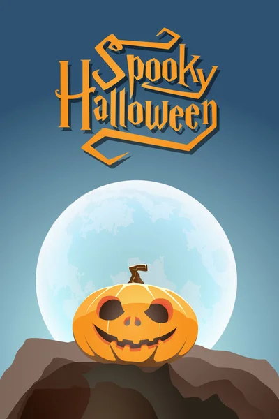 Spooky Halloween pumpkin in moon light on a rock — Stock Vector