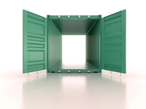 Luminoso contenedor de envío de metal vacío abierto verde —  Fotos de Stock