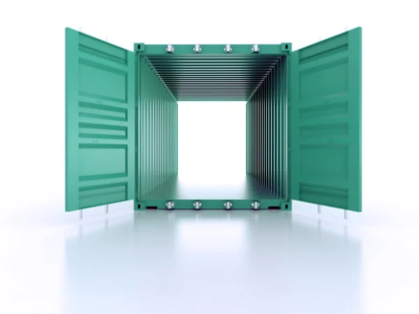 Luminoso contenedor de envío de metal vacío abierto verde —  Fotos de Stock