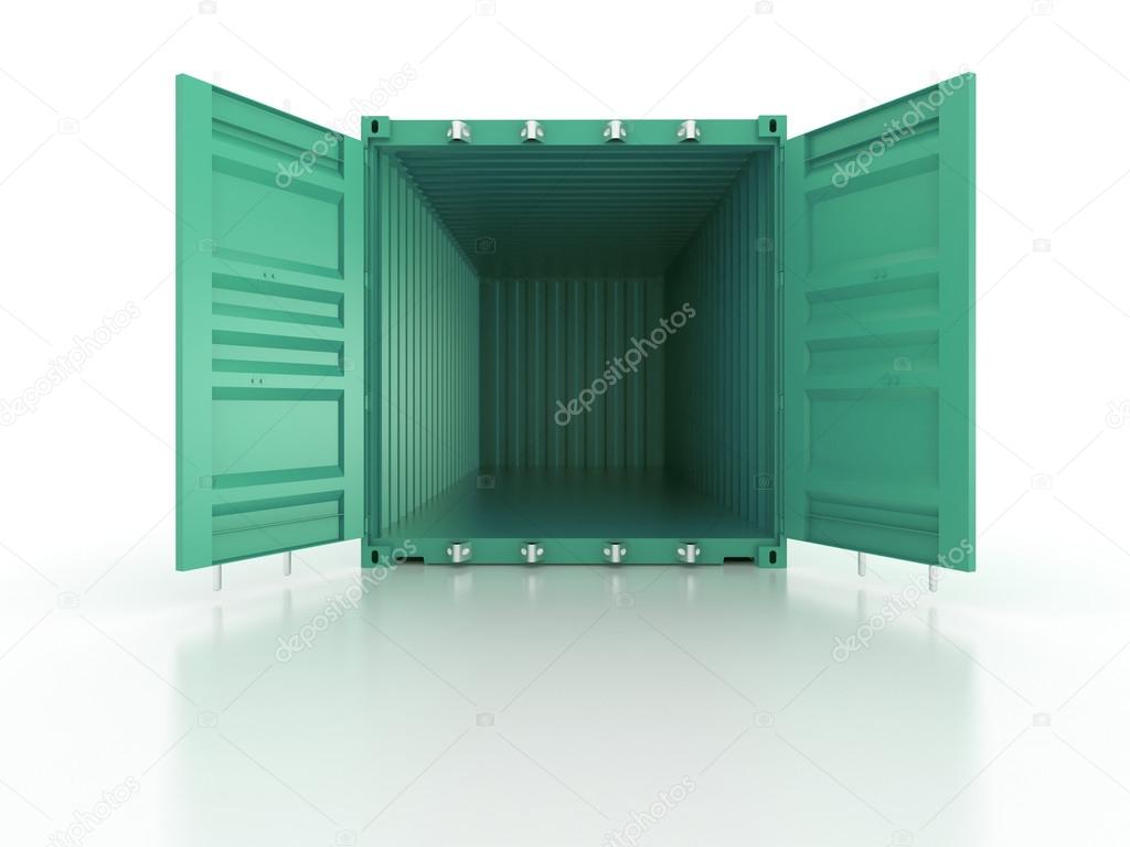 Bright green metal open freight shipping containers