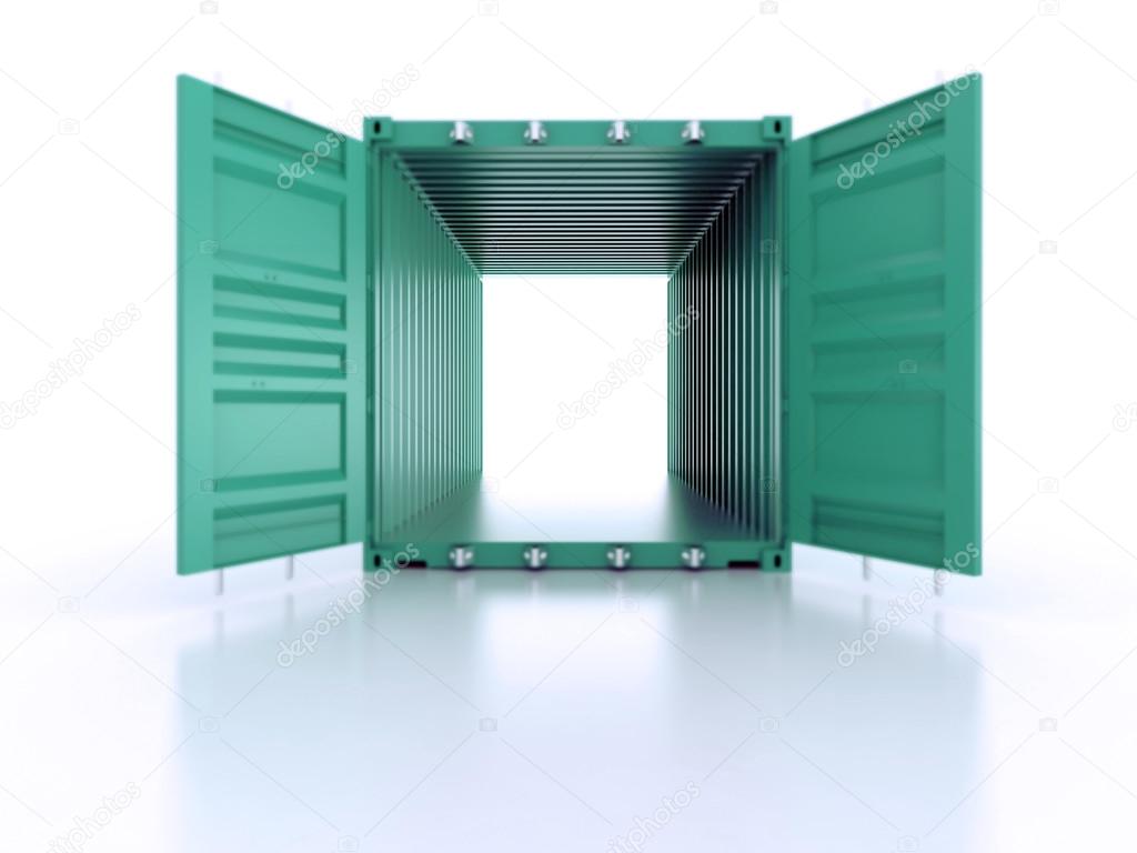 Bright green open empty metal shipping container