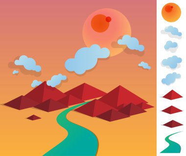 Illustration of geometric landscape with river betwen hills clipart