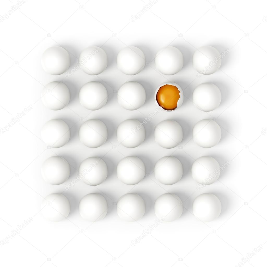 One broken egg in rows of white eggs