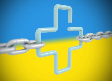 blue link cross symbol locked with metal chains isolated