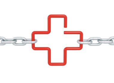Red link cross symbol locked with metal chains isolated