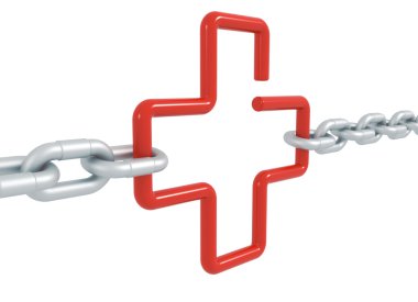 Red link cross symbol locked with metal chains isolated