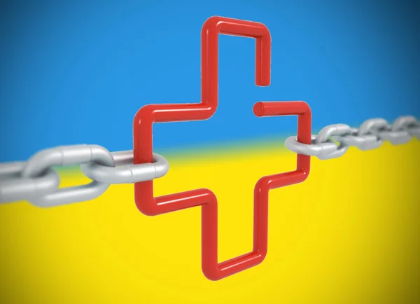 Червоний символ хреста зв'язку, замкнений металевими ланцюгами ізольовано — стокове фото