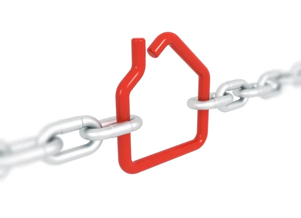 Símbolo da casa vermelha bloqueado com correntes metálicas — Fotografia de Stock